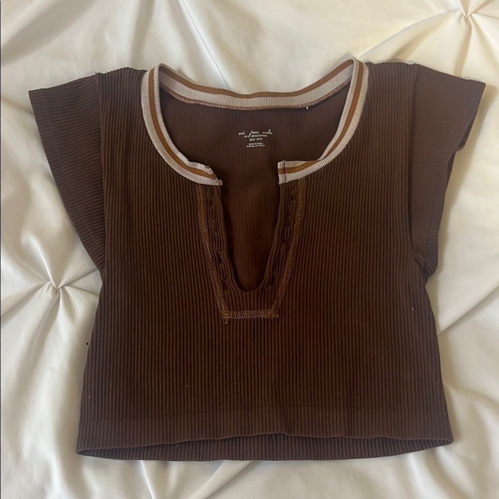 Urban Outfitters Brown Ribbed Crop Polo Blouse
